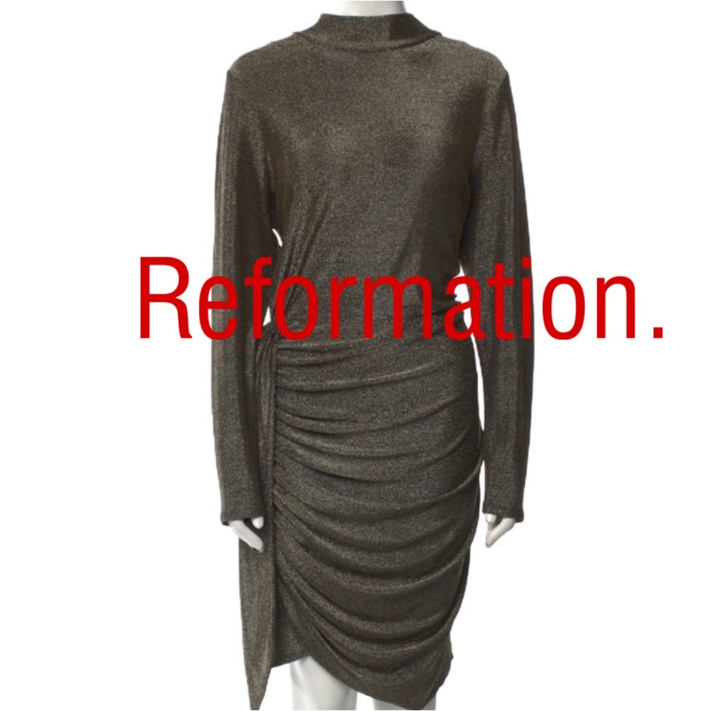 REFORMATION Paprika Gold Sparkle Long Sleeve Stretchy Knotted Dress